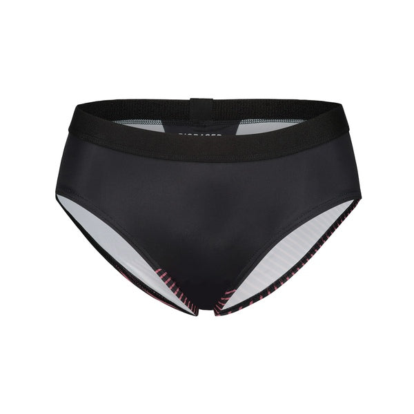 A pair of black athletics women's bikini shorts with a red and white striped detail on the side.